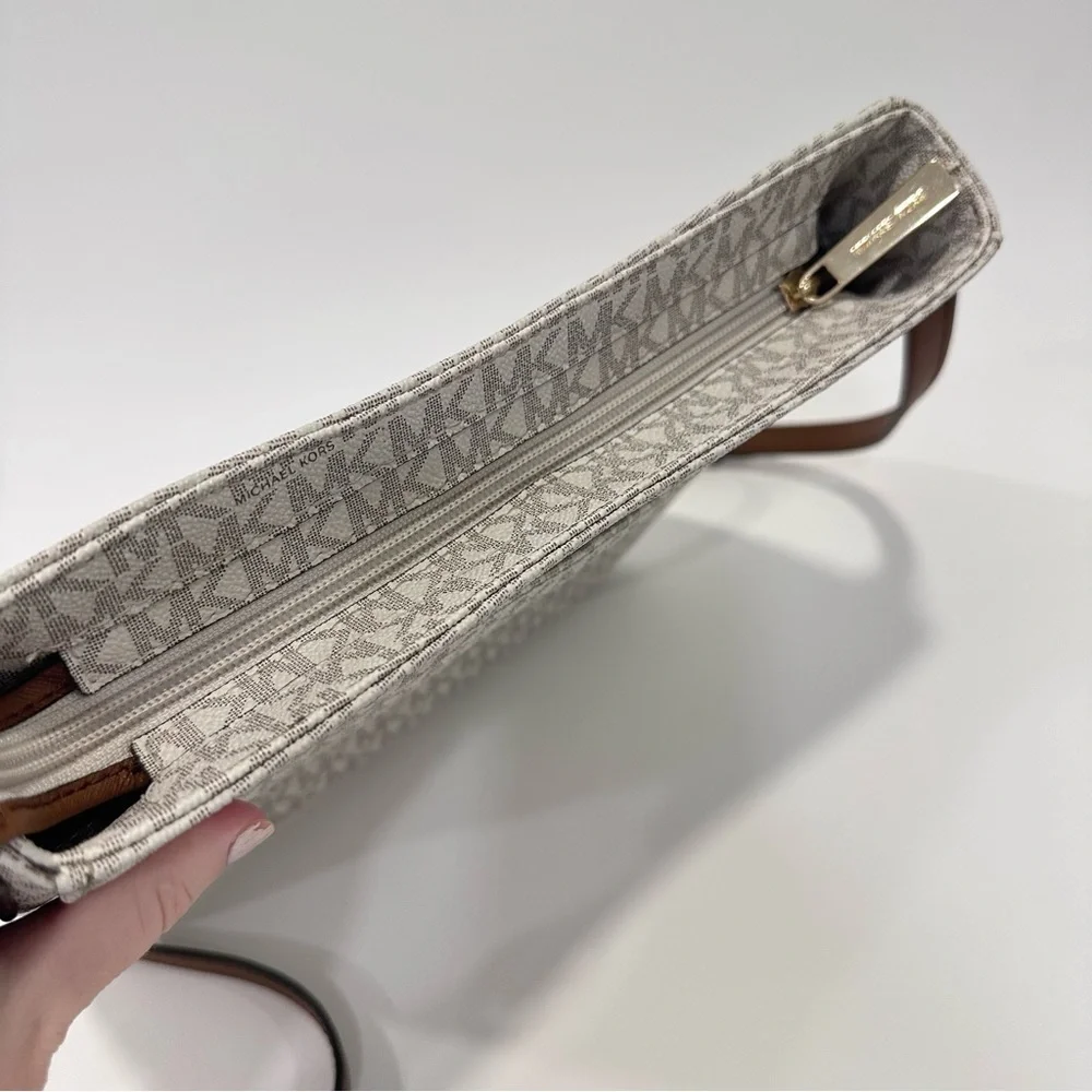 Michael Kors White Logo Crossbody with Brown Strap